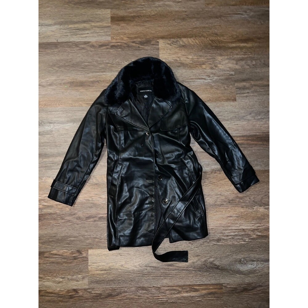 Black Vince Camuto Faux Leather Fur Trim Coat Good Cond Sz L Fall Y2K Girly